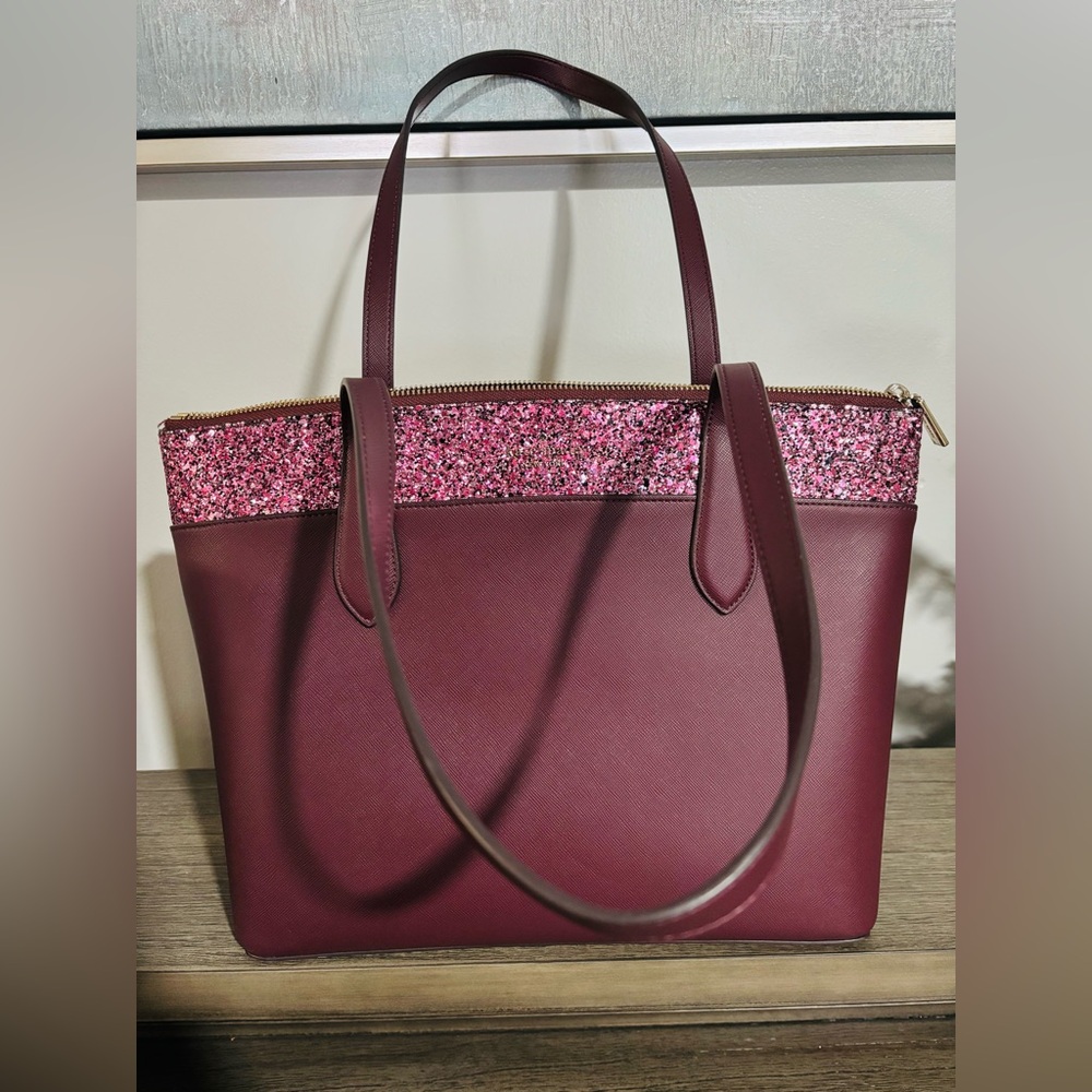 Kate Spade Elegant Burgundy Tote Bag with Pink Glitter Accents
